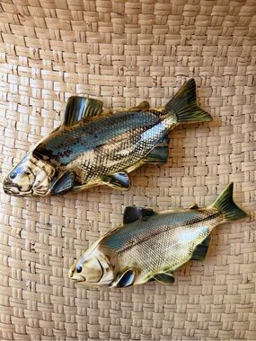 Ceramic Fish Decor Elongated Ceramic Bowl (2)  in Olive Green/Gold  Portugal